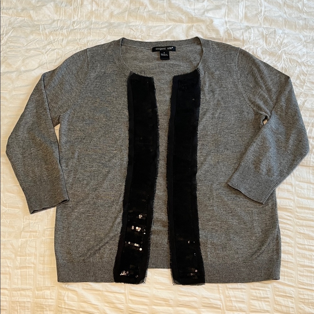 August Silk Gray Cardigan with Black Sequin Detail